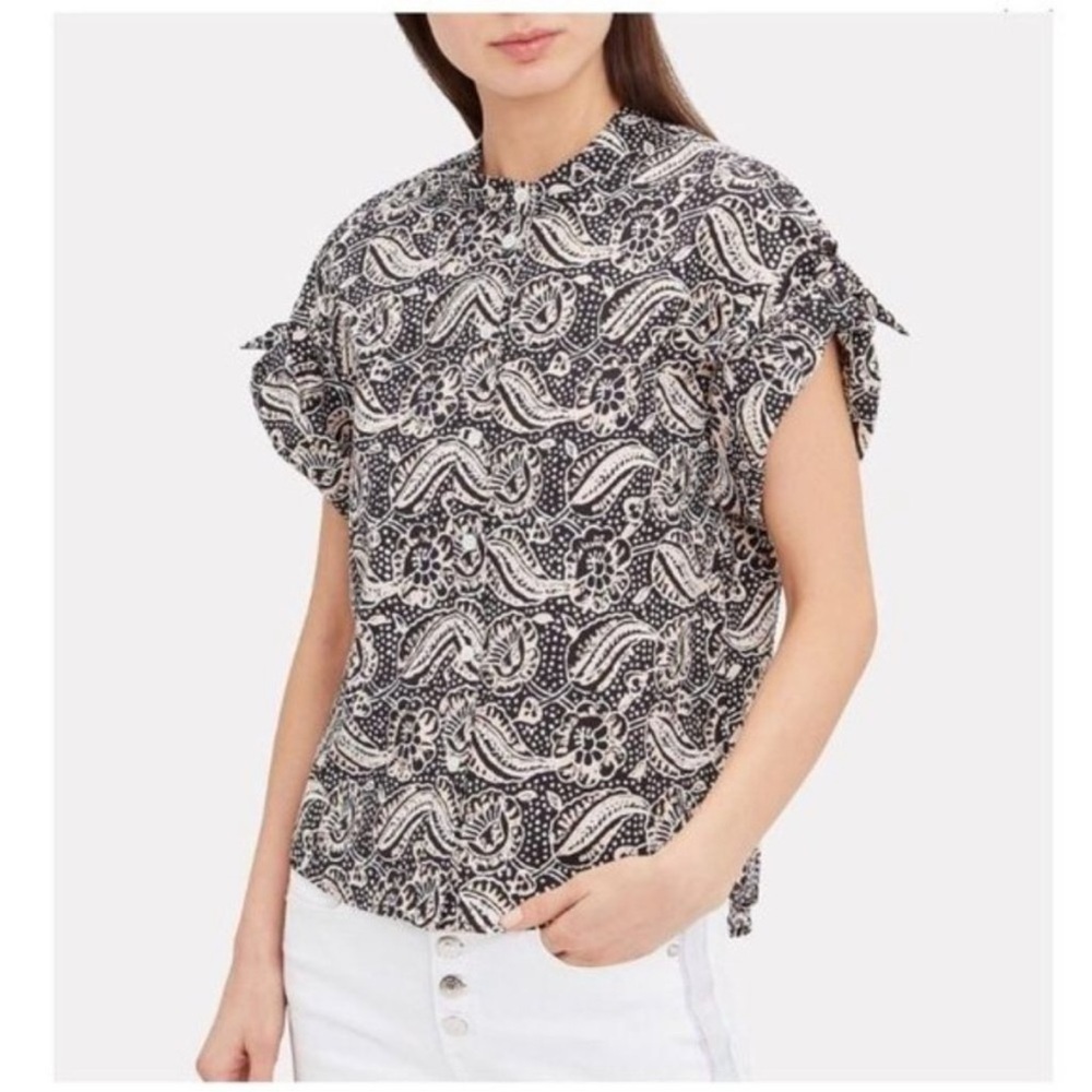 Veronica Beard Black and White Paisley Tie-Sleeve Blouse